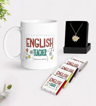 

Personalized English Teacher White Mug Chocolate and Is Daisy Necklace Gift Seti-5