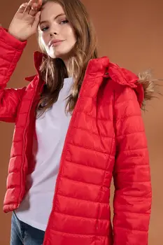 

BEYON WOMEN RED HOODED FUR FURED INFLATABLE SHORT JACKET OUTDOOR CASUAL FASHION TOP HOT WINTER