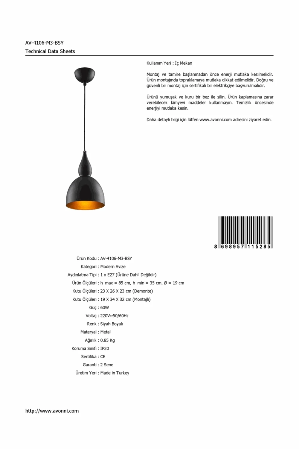 AVONNI AV-4106-M3-BSY черный окрашенный кулон, E27, металл, 19 см