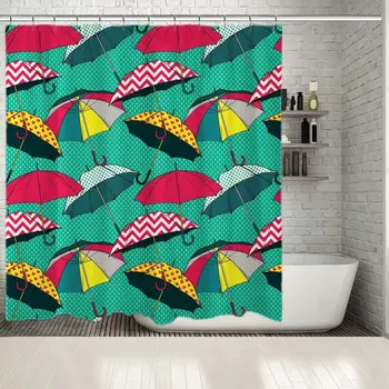 

Shower Curtain Colorful Umbrellas Fun Patterns Polka Dots Zig Zag Hearts Raindrops Classic Red Yellow Green