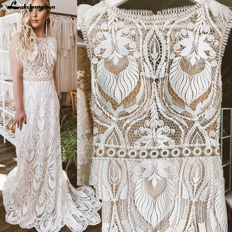 

Elegant Bohemian Lace Wedding Dress Outdoor Beach Open Back Bridal Gown Plus Size Rustic Boho Hippie Wedding Dress Vestido