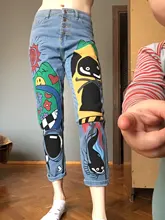 Pantalones vaqueros con estampado de dibujos animados para mujer, pantalón harén para niña, pantalón vaquero de cintura alta para mujer de talla grande