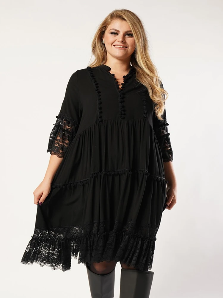 

Woven Viscose Fabric V-Neck Sleeve Lace Detailed Plus Size Dresses For Women 4xl 5xl 6xl 2022 New Fashion Women's Clothing