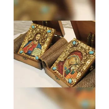 

Gift wedding icons antique Holy Virgin Kazan and Lord with needles and stones in a case with stand