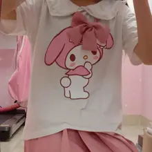Camiseta japonesa de manga corta con estampado de dibujos animados para mujer, blusa rosa con cuello de muñeca, playera holgada suave para chica