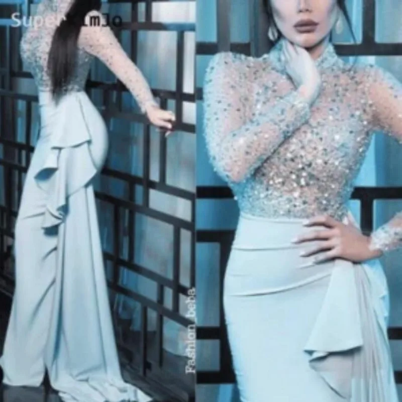 

2020 Sparkly Evening Dresses Long Sleeve Tiered Mermaid Elegant Arabic Evening Gowns Sequins abendkleider
