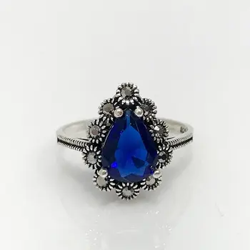 

Marcasite Sapphire Drop Cubic Zirconia Authentic sterling Silver Ring
