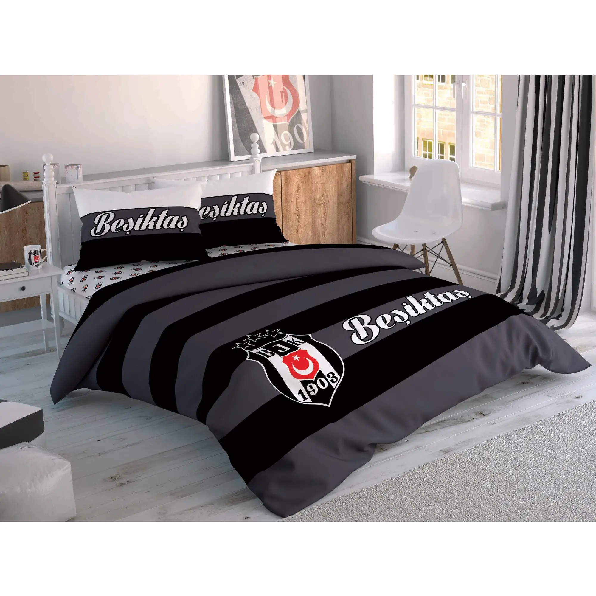 Корона Besiktas полосатый пододеяльник набор двойной 100% Хлопок Постельный | Дом и сад