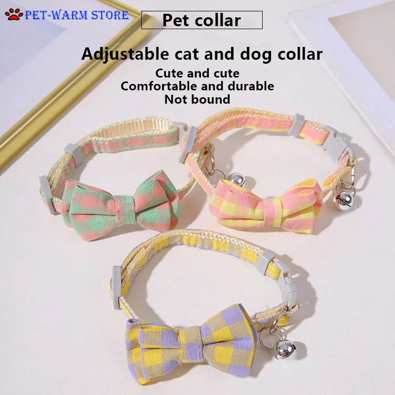 

Candy Color Collar Pet Lattice Cat Collar Dog Collar Bowknot Buckle Pet Bell Collar Adjustable Universal
