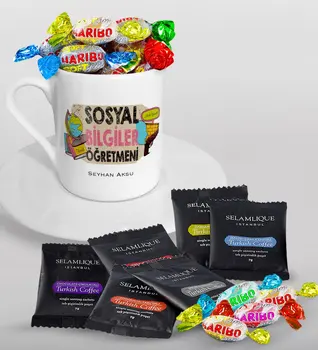 

Personalized Social Studies Teacher Turkish coffee Cup Selamlique Mixed Turkish Coffee House and Haribo Candy Gift Seti-3