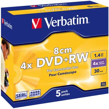 

Verbatim DVD+RW 8cm 4X 1.4GB Hard Coat. Branded Matt Silver,5 Pack, 43565 (Branded Matt Silver,5 Pack)