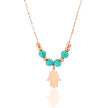 

Pendant Necklace Jewelry 925 Sterling Silver Hamsa Hand Of Fatima Turquoise Stone with 45cm Long Chain
