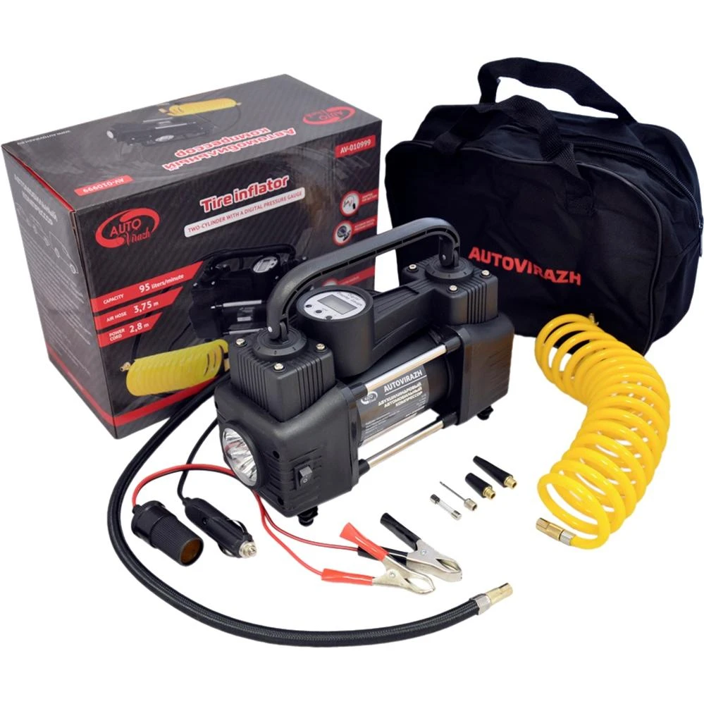 Компрессор автомобильный AUTOVIRAZH AV-010999 (170 Вт, 95 л/мин, 10 бар, ЖК дисплей, манометр, фонарь)