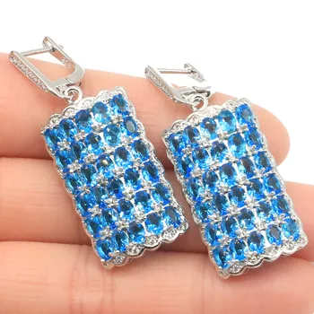 

47x17mm Stunning Long Big Created Paris Blue Topaz White CZ Woman's Wedding Silver Earrings