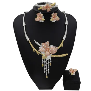 

TSROUND Tricolor Butterfly Dubai Jewelry Sets for Women Nigerian Bridal Wedding CZ 4PCS