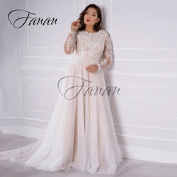 O-Neck A-Line Oversized Wedding Dresses Lace Appliques Organza Long Sleeve Sweep Train Bridal Gown robe de mariée vestidos