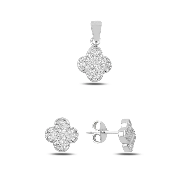 

Silver 925 Sterling Four Leaf Clover Zircon Earrings & Pendant Set