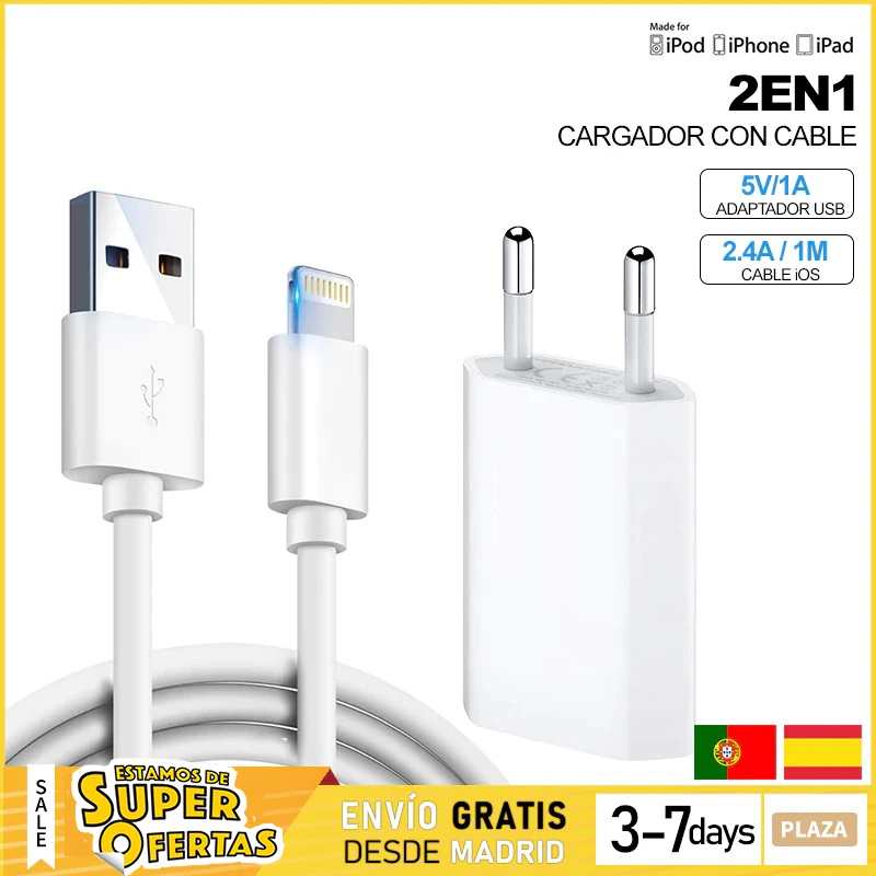2 En 1 Cargador Compatible con iPhone 5 5c 5s 6 SE 7 8 X