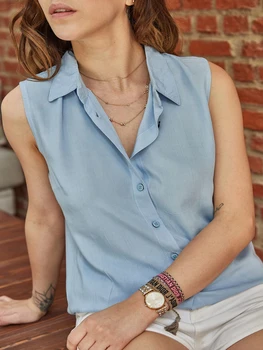 

BEYON WOMEN'S BABY BLUE SLEEVELESS COTTON SHIRT CHIC SPORTS DAILY USED 2020 FASHION CASUAL REGULAR FIT