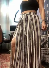 Summer Pants Wide leg-Trousers Simplee White High-Waist Striped Cotton Elastic Loose
