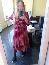 Autumn Winter Dot Bandage Dress Women Casual Ruffles V Neck High Waist Slim Print Long