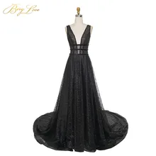 BeryLove блестящее черное вечернее платье, новинка, сексуальное платье с открытой спиной, с поясом, с бисером, с поясом, иллюзионный лиф, формальное платье для выпускного вечера