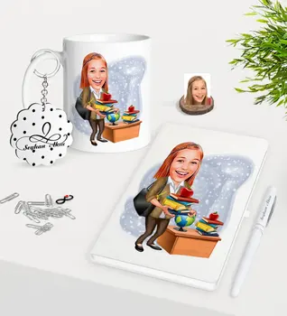 

Personalized Women 'S Teacher Caricature Of Trophy Keychain White Notebook Pen Gift set-4
