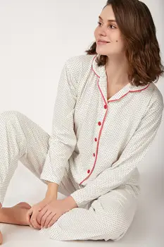 

Happiness ist. Women's Polka Dot Pattern Bottom Top Knitted Pajamas Set