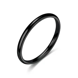 Elegant 2mm Thin Titanium Steel Silver & Rose Gold Couple Ring for Women and Men - Smooth Simple Fashion Ring, Perfect Gift (Black)