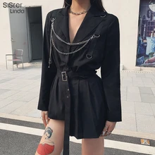 Sisterlinda панк лоскутный пояс одноцветное пальто и куртка женские тонкие длинные топы полный рукав куртки Mujer мода досуг пальто осень