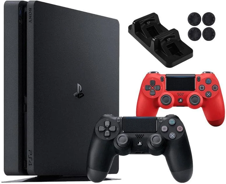 Sony PlayStation 4 Slim (1TB) (CUH-2208B) + 2-й геймпад (красный) зарядная станция накладки на стики |