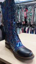 Calf Boots Elegant Shoes Lace-Up SOCOFY Flat Flowers-Pattern Zipper Botas-Mujer Stitching