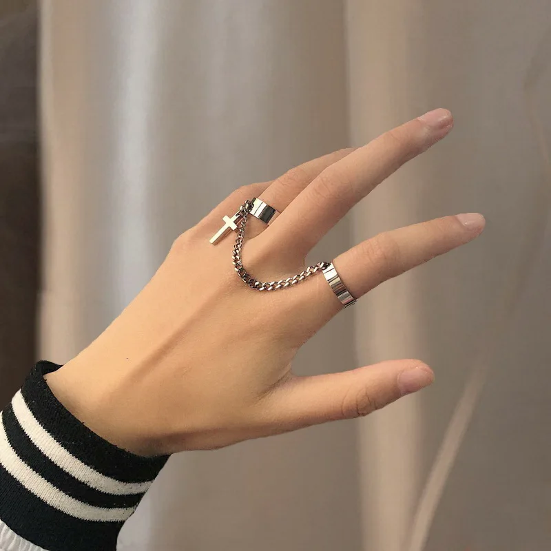 2Pcs/Set Punk Long Tassel Chain Rings For Women Hip Hop Men