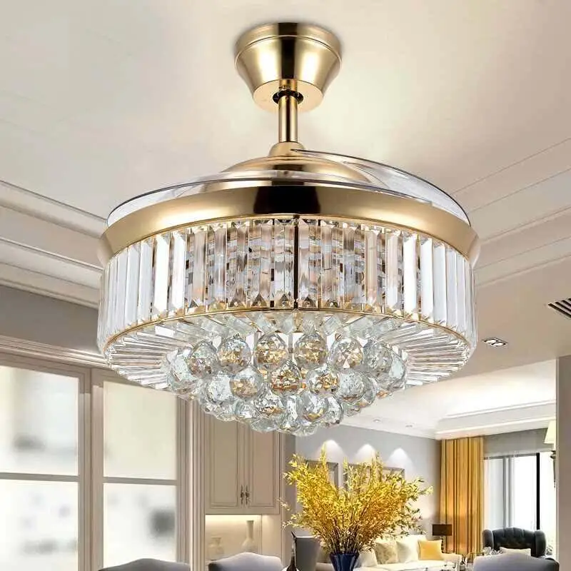 European Crystal Led Fan Light Invisible 42 Inch Silver/Gold Color Fan Light Bedroom Remote Control Ceiling