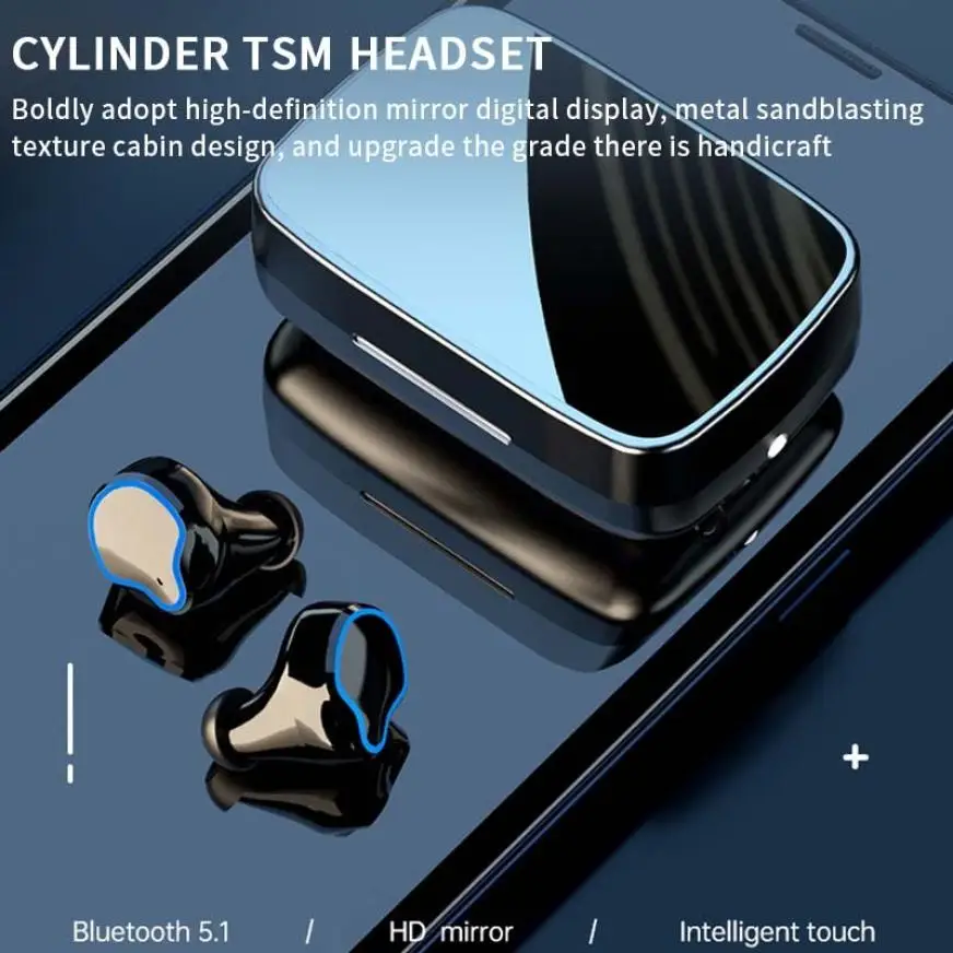 TWS M9 Bluetooth 5.1 Wireless Geadset Mirror Power Display Touch Control Earphone Noise Reduction Earpieces with LED Flashlight