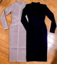Dress Women Celebrity Bodycon Bandage Evening-Runway Long-Sleeve Midi Nude Black Winter