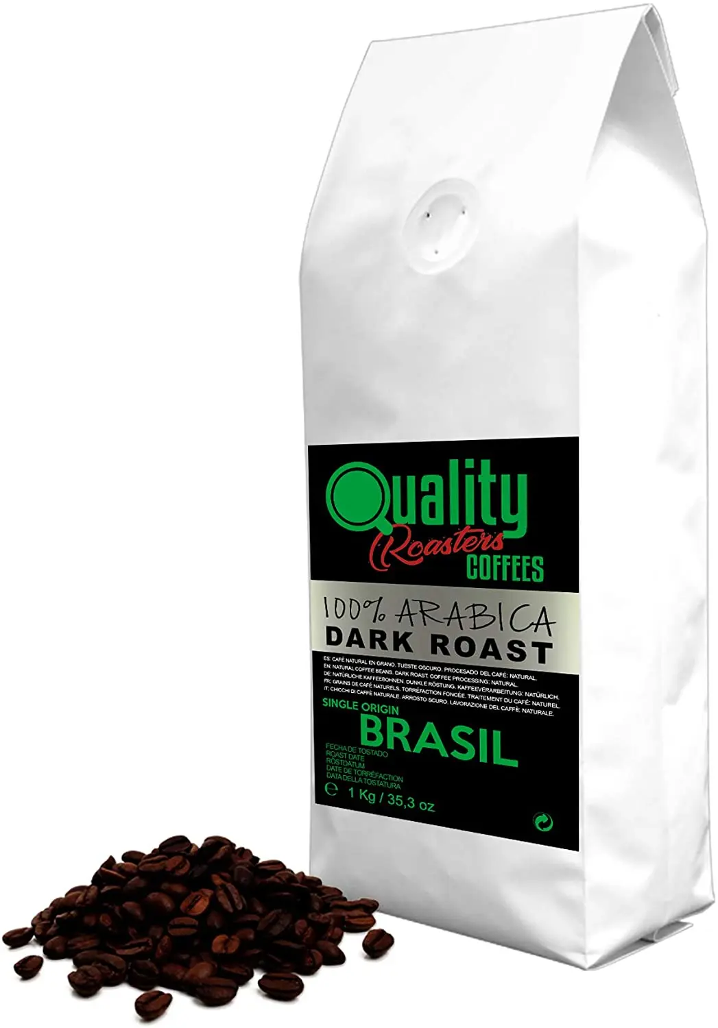 Café en grano natural. Tueste Oscuro. 100% Arabica. Origen único Brasil, 1kg.