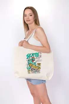 

Angemiel Bag Large Fun Skateboarder Dinosaur Tote Shopping Beach Bag