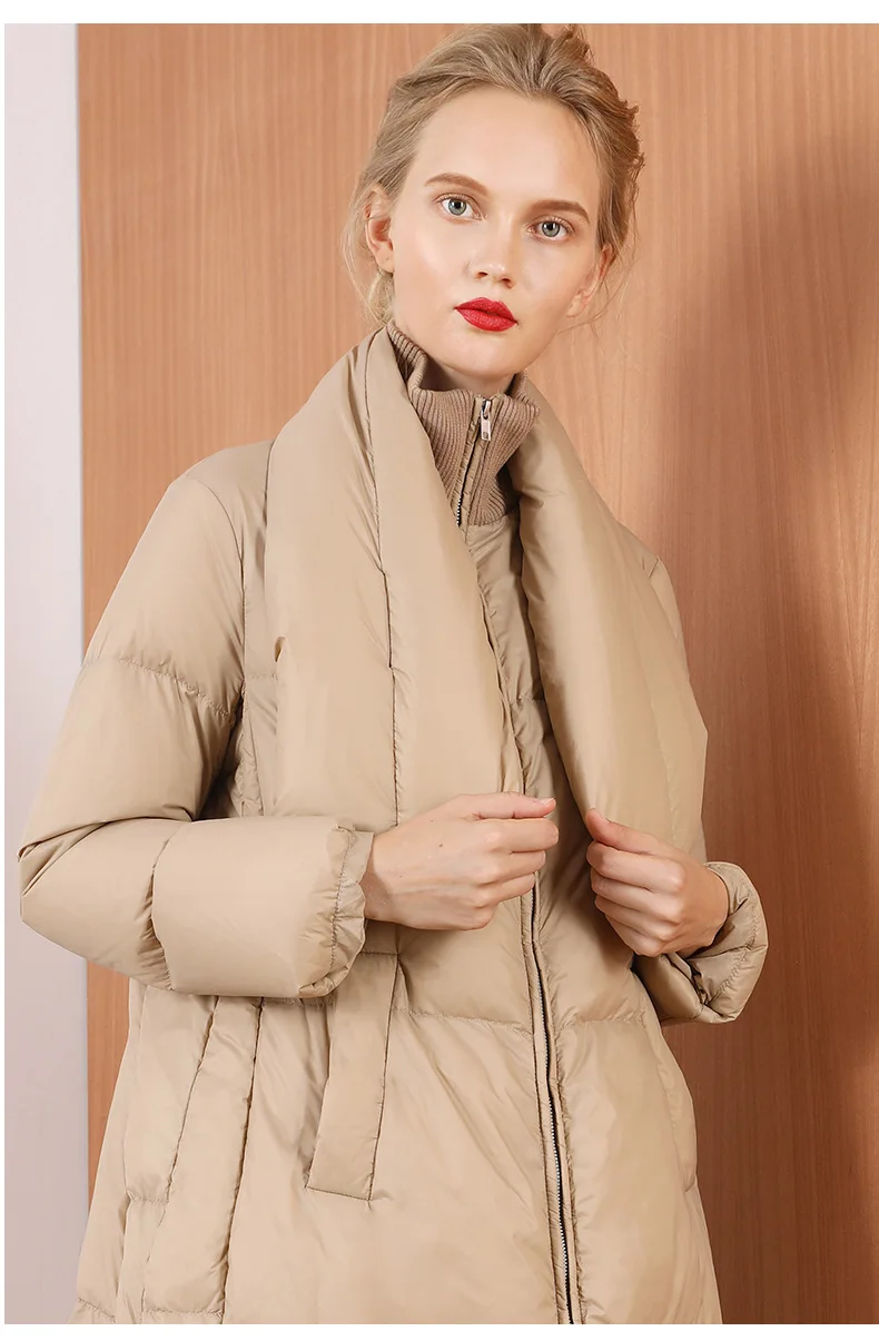 Obrix пуховик с наполнителем из утиного пуха, повседневный стиль, пальто для женщин, трендовая длинная куртка на молнии с боковым поясом, свободная зимняя парка для женщин