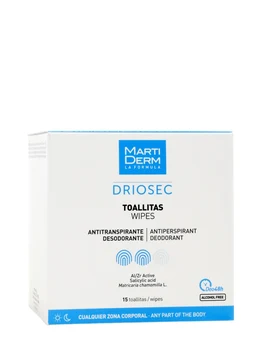 

Martiderm driosec 15 antiperspirant wipes control excess sweating. For any area of the body.