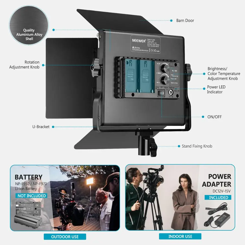 US $209.99 Neewer 2 Packs 660 LED Video Light With Stand Kit232005600K Dimmable CRI96 Light With U Bracket And Barndoor 2Light Stand