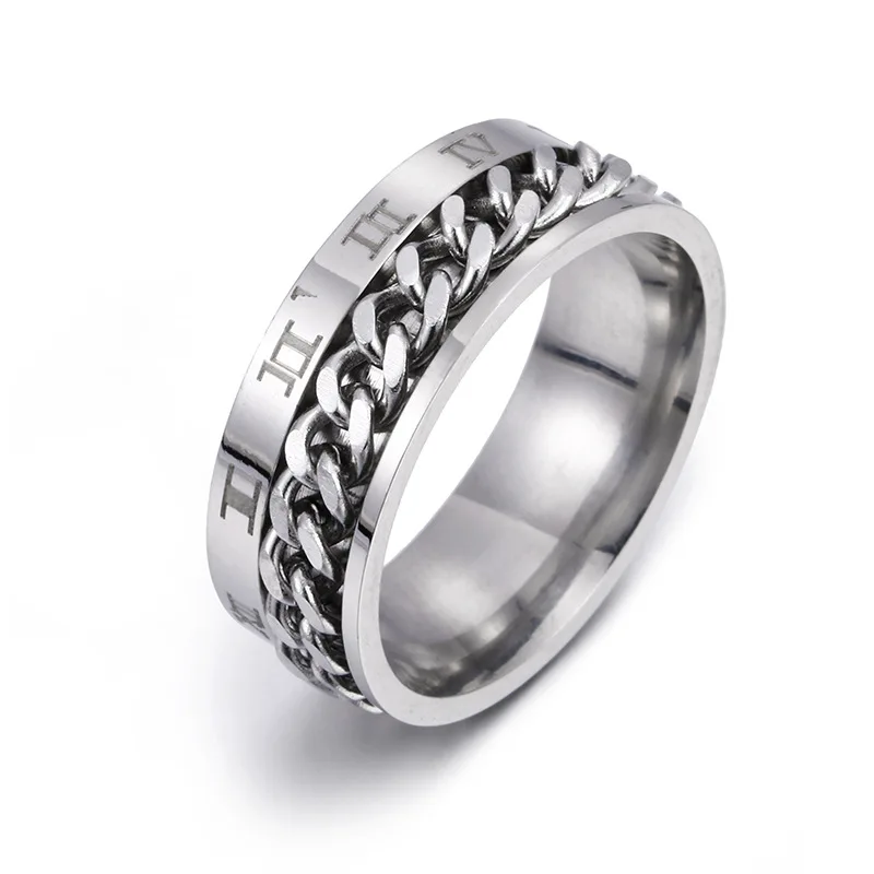 Men's Black Stainless Steel Roman Numeral Chain Spinner Ring