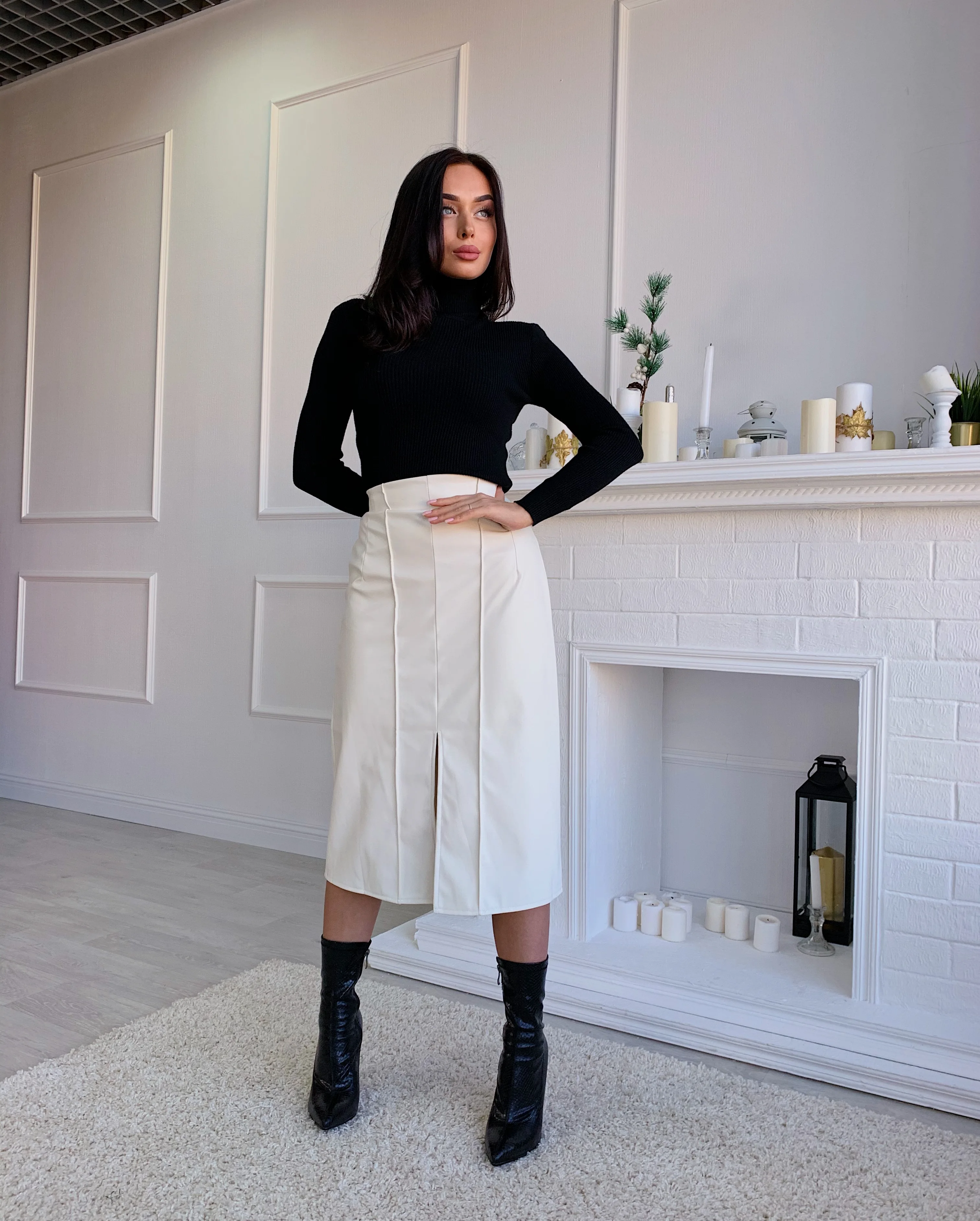 Leather skirt on elastic band emberens 5530 cut front new autumn winter 2020 shipping from Russia Russian production | Женская одежда