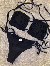 Bikini Bandeau plisado para mujer, traje de baño liso Sexy de cintura baja, conjunto de Bikini con Tanga para playa, ropa de baño 2021