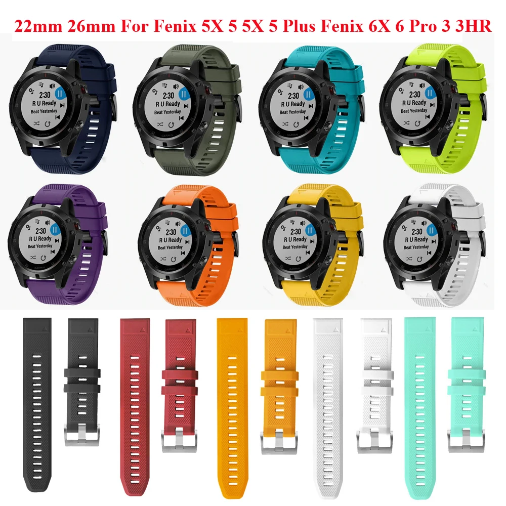 

26mm 22mm Smart Watch Band Strap For Garmin Fenix 5 5X 3 3HR Fenix 6X Pro 6 Pro Watch Quick Release Silicone Easyfit Wristband