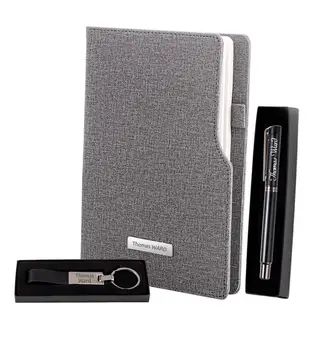 

Personalized Gray Notebook & Metal Roller Pen & Thermo Leather Metal Keychain