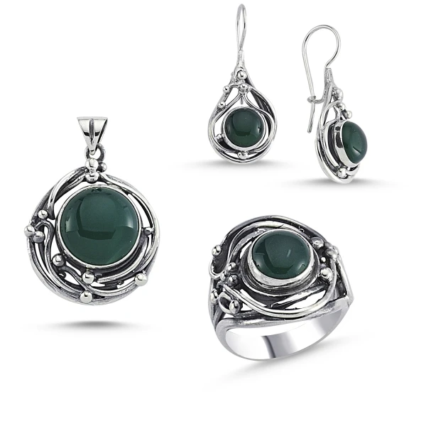 

Silver 925 Sterling Green Agate Stone Handwork Set
