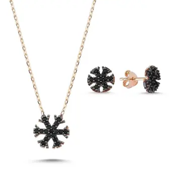 

Angemiel 925 Silver Black Zircon Cubic Zirconia Snowflake Set - Rose Gold Plated