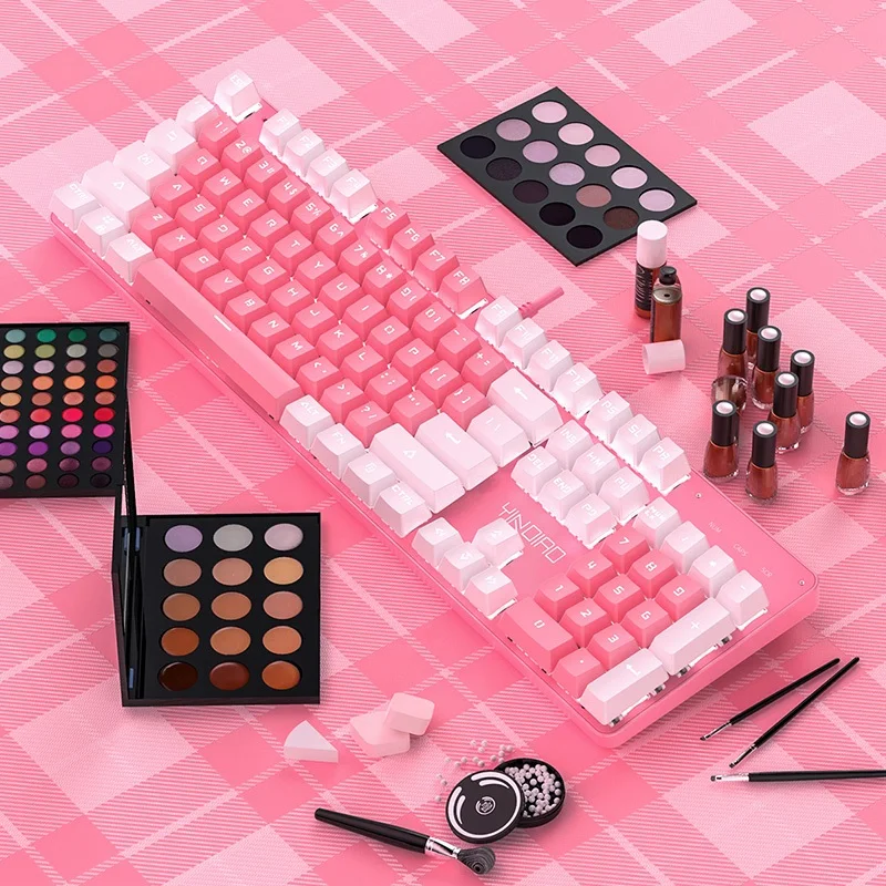USB Проводная Механическая клавиатура с розовым и серебряным покрытием для