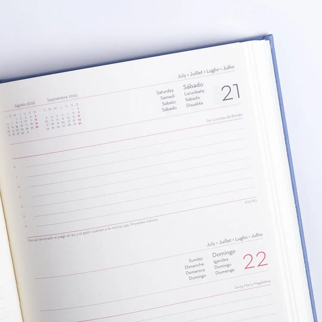Agenda 2022 Toulouse, Spanish, one page per day, fabric bookmark, with phrase of the day, in 8 languages, calendar, Agendas, office